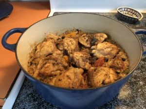 One Pot chicken thighs with black beans and rice.